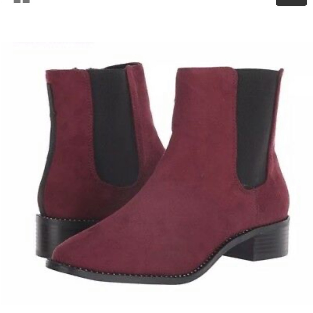 BEBE Burgundy Suede Booties with Rhinestone Accent